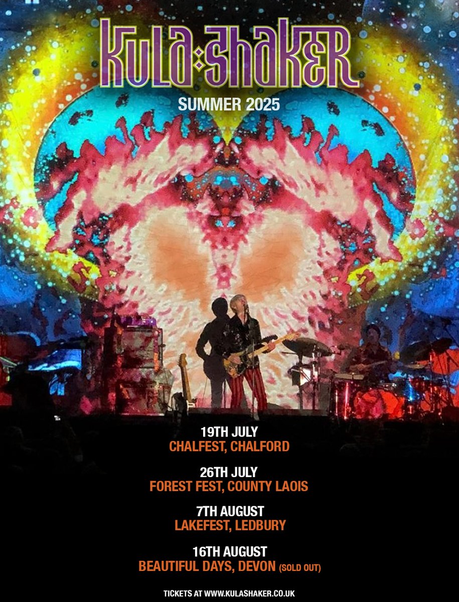 The stars are aligning for summer. Catch Kula Shaker live at:

19 July - Chalfest, Chalford
26 July - Forest Fest, County Laois
7 August - Lakefest, Ledbury
16 August - Beautiful Days, Devon

Tickets &amp; info: kulashaker.co.uk

#KulaShakerLive #FestivalSeason