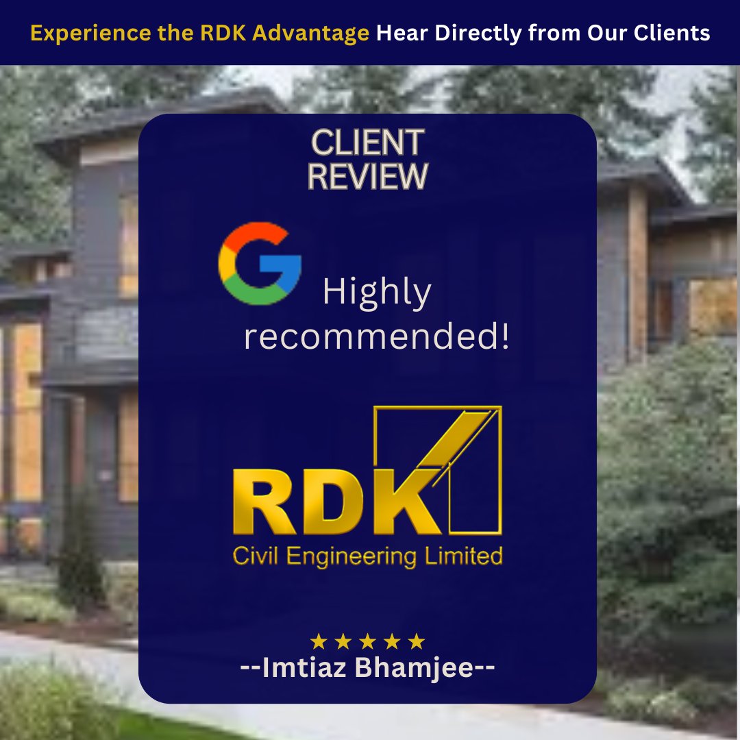 Another glowing Google review! ✨ We're delighted when clients like Imtiaz Bhamjee "Highly recommend" RDK Civil Engineering Limited.  #GoogleReviews #RDKAdvantage #ExpertEngineers #CivilEngineeringUK #PositiveFeedback #BuildingDreams