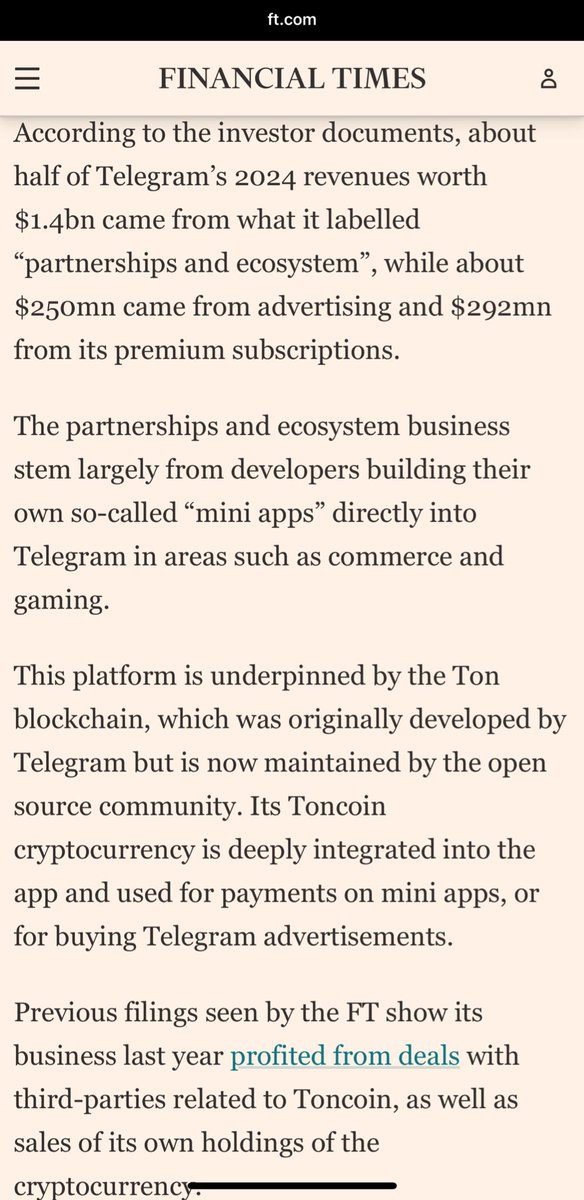 Jack Booth (@jbfxdotme) on Twitter photo $1.4bln in 2024 revenue for <a href="/telegram/">Telegram Messenger</a> from its ecosystem.
Toncoin mentioned in the FT as key driver.
Well well well. $1.4bln in 2024 revenue for <a href="/telegram/">Telegram Messenger</a> from its ecosystem.
Toncoin mentioned in the FT as key driver.
Well well well.