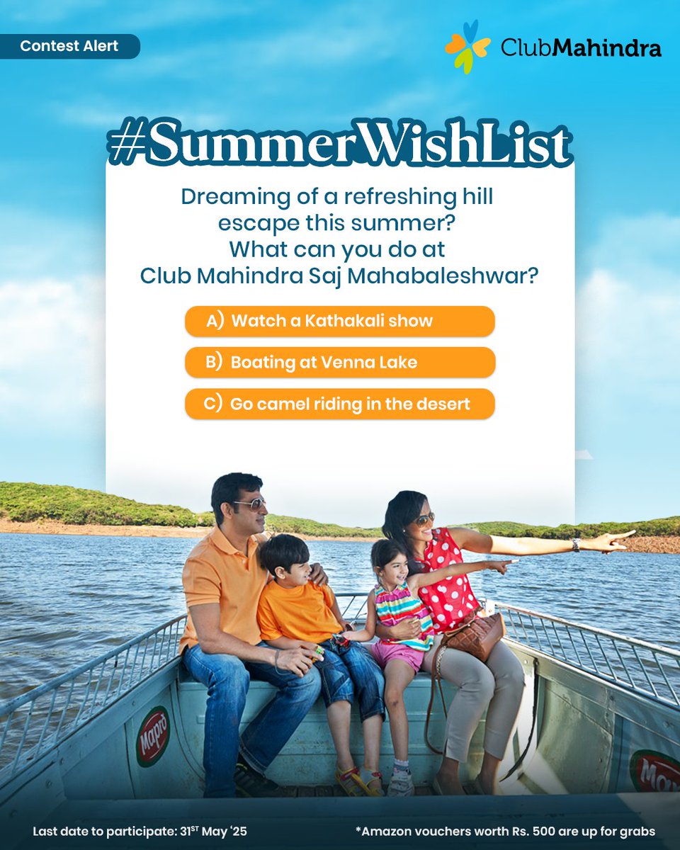 Club Mahindra (@clubmahindra) on Twitter photo #ContestAlert 6 of 15
Participate in all #SummerWishList
STEPS
1) Comment below with your answer using #SummerWishList and #ClubMahindra.
Don’t forget to tag <a href="/clubmahindra/">Club Mahindra</a> and four of your friends – it’s mandatory!
2) Participate in all 15 contest posts. Winners get Amazon #ContestAlert 6 of 15
Participate in all #SummerWishList
STEPS
1) Comment below with your answer using #SummerWishList and #ClubMahindra.
Don’t forget to tag <a href="/clubmahindra/">Club Mahindra</a> and four of your friends – it’s mandatory!
2) Participate in all 15 contest posts. Winners get Amazon