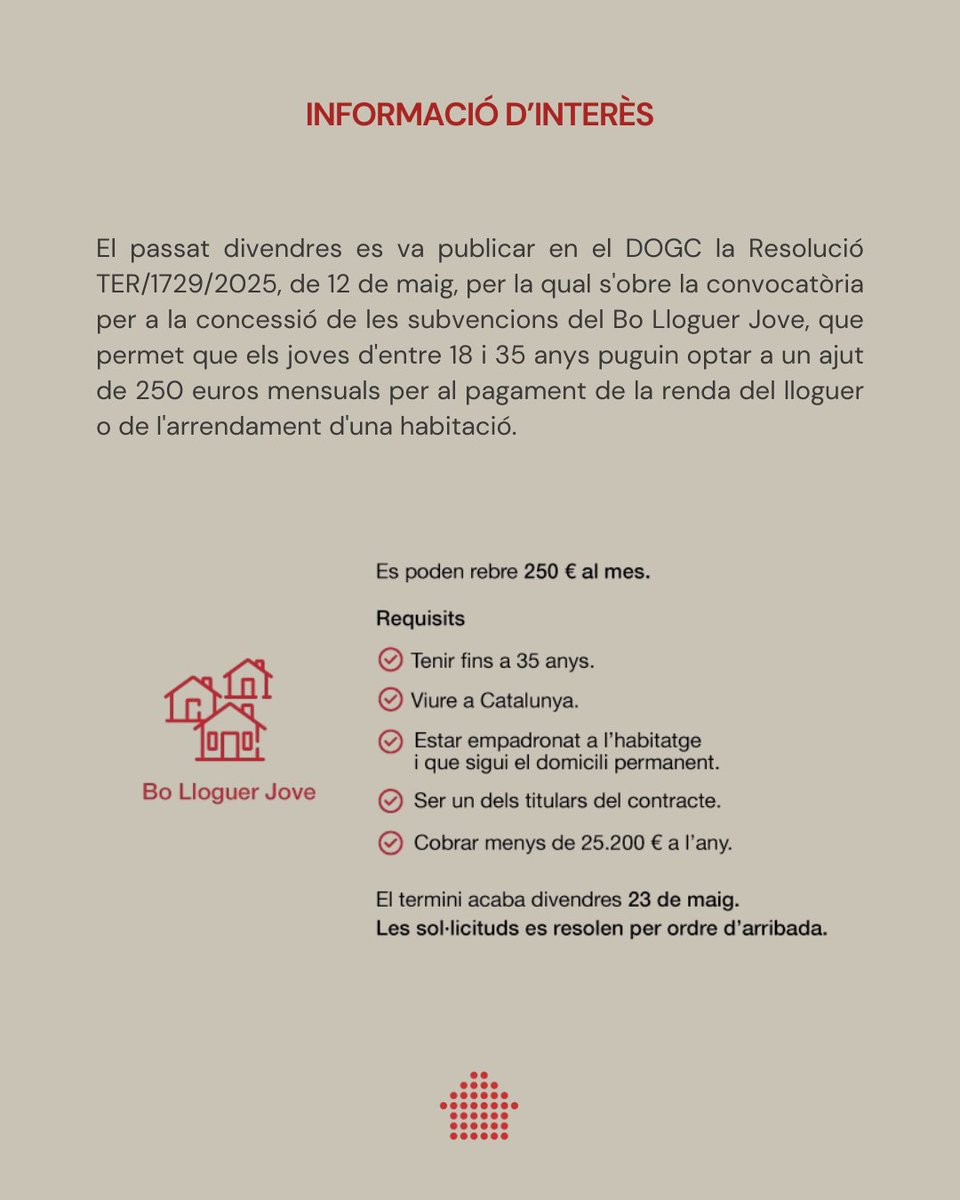 📄💶S'obre la convocatòria per a la concessió de les subvencions del Bo Lloguer Jove

MÉS INFORMACIÓ 👉habitatge.gencat.cat/ca/ajuts/ajuts…