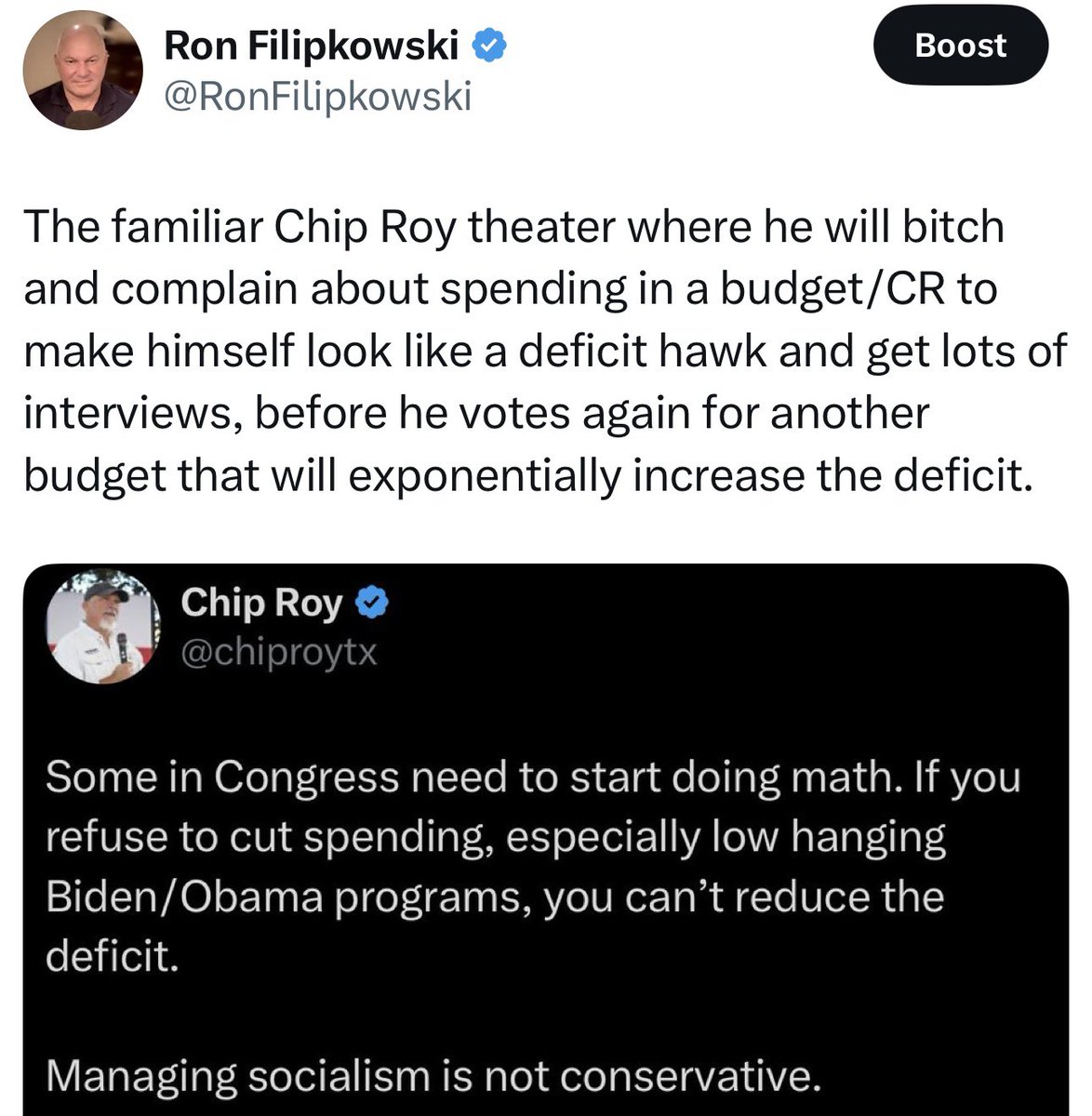 RonFilipkowski's tweet photo. As I predicted April 30, Chip voted for it. These guys all make lots of noise about debt and deficits, then vote to pile it on in record amounts. https://t.co/mAg8wMH4AL