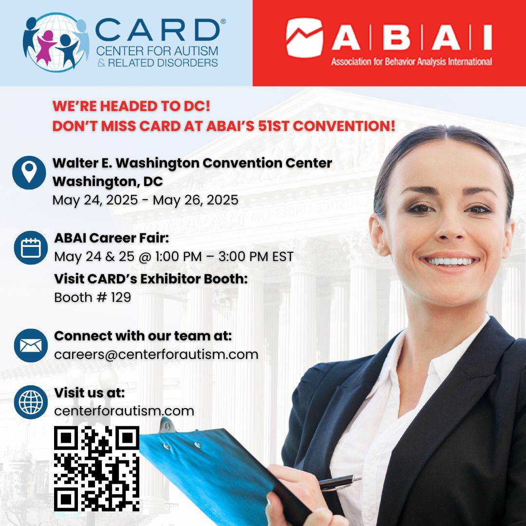 centerforautism's tweet image. ⏳ 2 days to go!
CARD is getting ready for ABAI’s 51st Annual Convention in Washington, DC — are you packed yet?

Let’s make it unforgettable — see you there!

#ABAI2025 #BehaviorAnalysis #2DaysToGo #WashingtonDC #ABAInnovations #BCBA #RBT #ABA