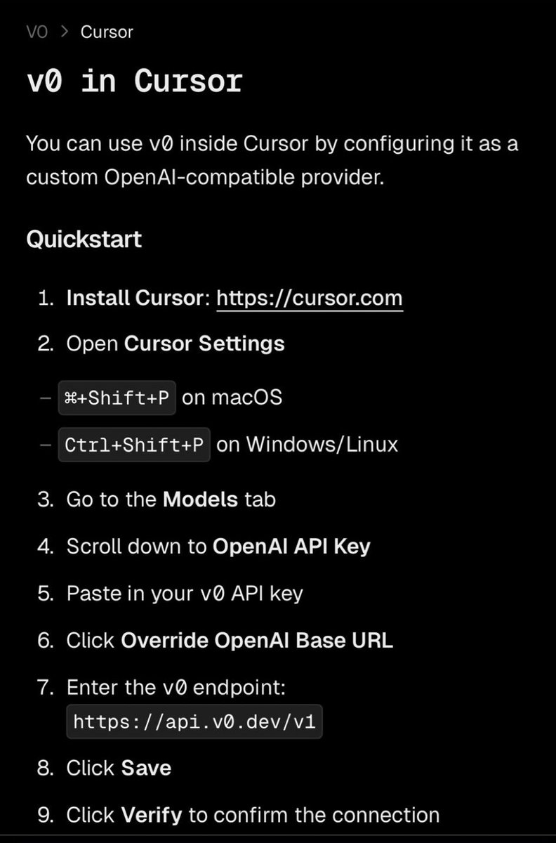 jaredpalmer's tweet image. You can use @v0’s new models in Cursor by configuring a custom OpenAI-compatible endpoint