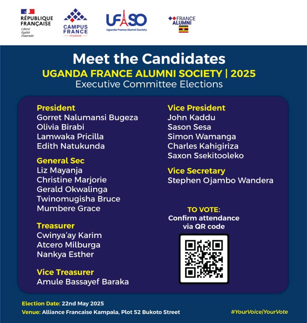 Uganda France Alumni Society 🇺🇬🇫🇷 (@francealumniug) on Twitter photo Meet the inspiring candidates for the <a href="/FranceAlumniUG/">Uganda France Alumni Society 🇺🇬🇫🇷</a> Committee Elections 2025! 🇫🇷🇺🇬
Join us as we choose leaders committed to alumni impact, service, partnership, & financial integrity.
🗳️ Election Date: Today 💃💃💃
📍 Venue: <a href="/AFKampala/">Alliance Française Kampala</a>
#YourVoiceYourVote #UFASOElections2025 Meet the inspiring candidates for the <a href="/FranceAlumniUG/">Uganda France Alumni Society 🇺🇬🇫🇷</a> Committee Elections 2025! 🇫🇷🇺🇬
Join us as we choose leaders committed to alumni impact, service, partnership, & financial integrity.
🗳️ Election Date: Today 💃💃💃
📍 Venue: <a href="/AFKampala/">Alliance Française Kampala</a>
#YourVoiceYourVote #UFASOElections2025