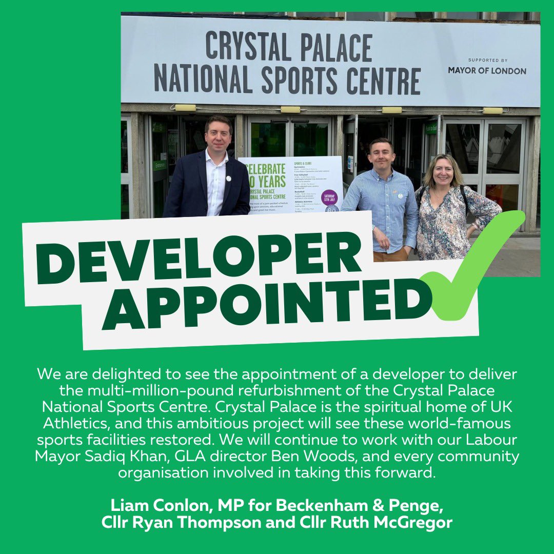 Liam Conlon (@liamconlon2) on Twitter photo Really exciting news a developer has been appointed for the refurbishment of the National Sports Centre!
It’s a major step forward and along with our superb Councillors in Crystal Palace I want to thank <a href="/SadiqKhan/">Sadiq Khan</a> for this investment and everyone involved in the project! Really exciting news a developer has been appointed for the refurbishment of the National Sports Centre!
It’s a major step forward and along with our superb Councillors in Crystal Palace I want to thank <a href="/SadiqKhan/">Sadiq Khan</a> for this investment and everyone involved in the project!