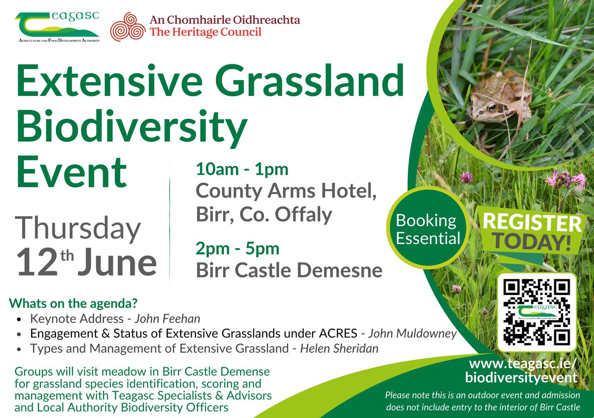 Teagasc (@teagasc) on Twitter photo Teagasc, in collaboration with <a href="/HeritageHubIRE/">The Heritage Council</a> is hosting an Extensive Grassland Biodiversity Event on Thursday, 12 June from 10am - 5pm in County Arms Hotel and Birr Castle Demesne, Birr, Co. Offaly.
Booking is essential, register today at teagasc.ie/biodiversityev…
<a href="/TeagascEnviron/">Teagasc Environment</a> Teagasc, in collaboration with <a href="/HeritageHubIRE/">The Heritage Council</a> is hosting an Extensive Grassland Biodiversity Event on Thursday, 12 June from 10am - 5pm in County Arms Hotel and Birr Castle Demesne, Birr, Co. Offaly.
Booking is essential, register today at teagasc.ie/biodiversityev…
<a href="/TeagascEnviron/">Teagasc Environment</a>
