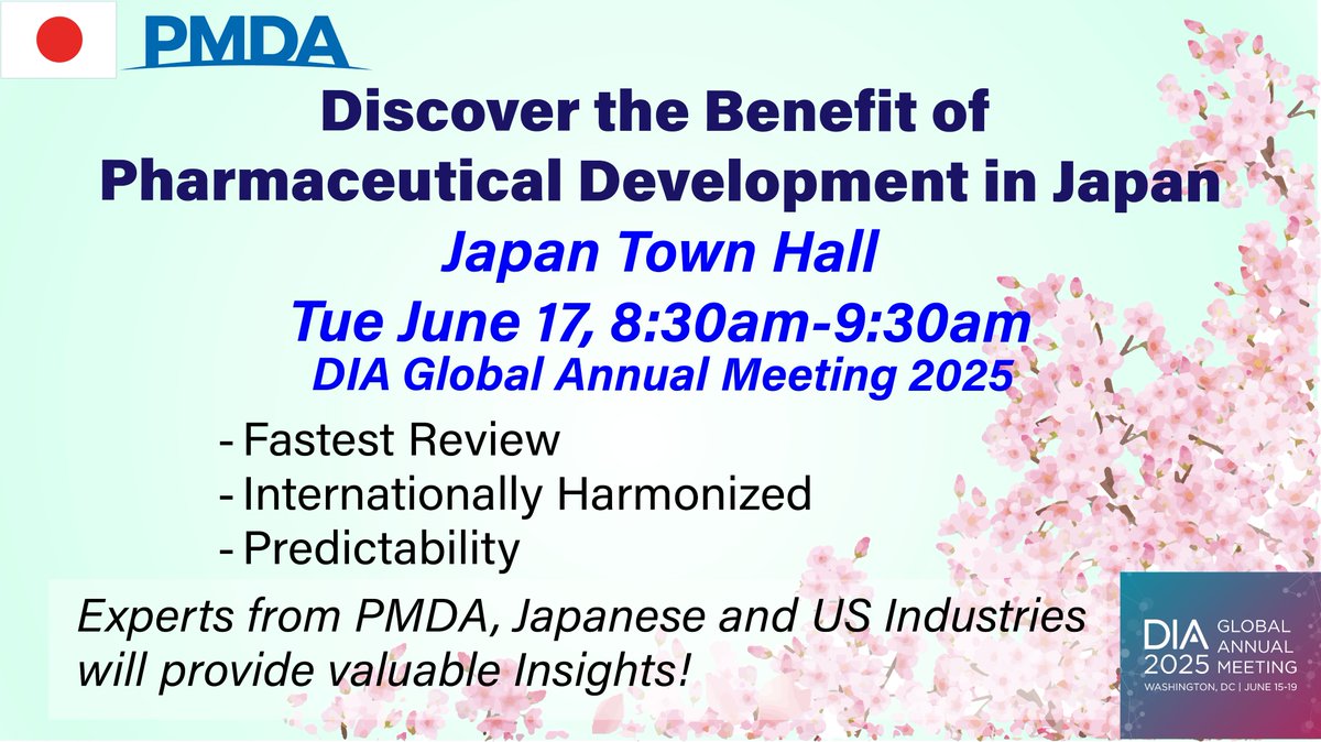 Join Japan Town Hall at #DIA2025 today! Discover the advantages of developing drug in Japan. Gain key insights from experts!
sched.co/1xXoa
#DIA2025 #pharmaceuticals #drugdevelopment #PMDA