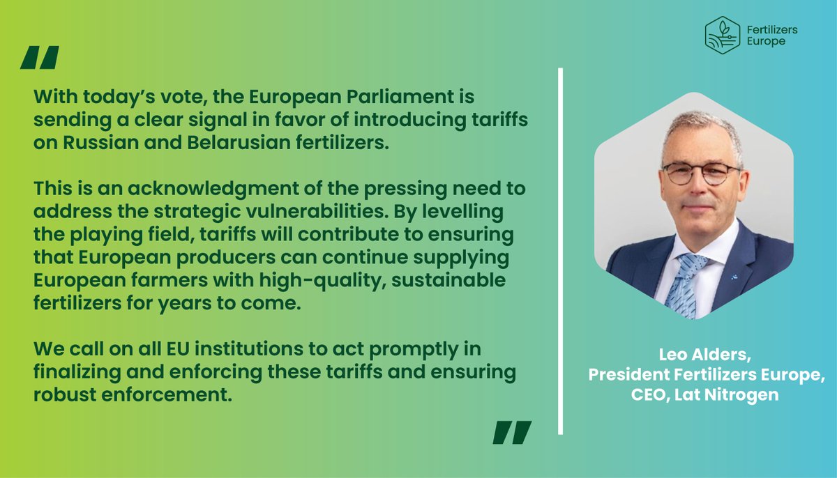 Fertilizers Europe commends the <a href="/Europarl_EN/">European Parliament</a>  for voting in favour of introducing #tariffs on Russian and Belarusian fertilizer imports. This is a decisive step toward reducing the EU’s strategic dependency, weakening Russia’s war economy, and safeguarding our agricultural