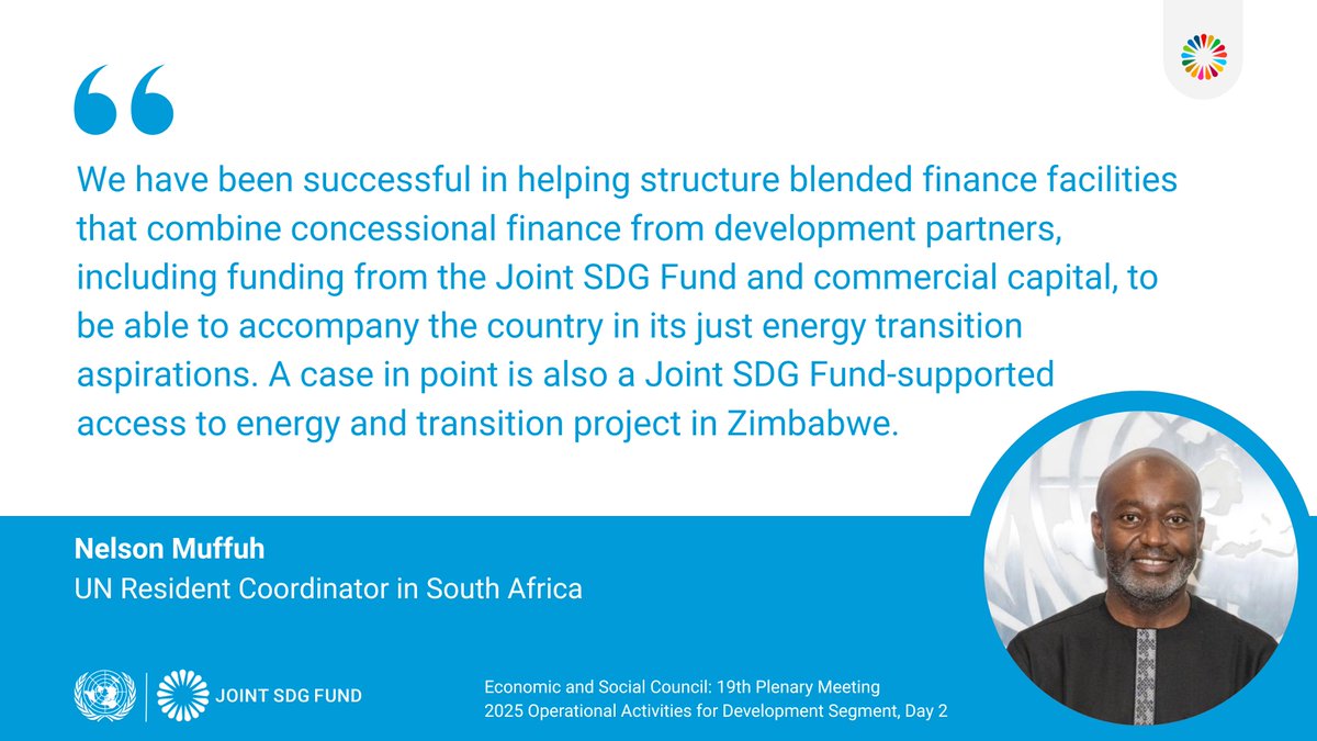 Joint SDG Fund 🇺🇳 (@jointsdgfund) on Twitter photo At the #ECOSOC Operational Activities Segment, the <a href="/UN/">United Nations</a> Resident Coordinator in 🇿🇦 South Africa highlighted how the <a href="/JointSDGFund/">Joint SDG Fund 🇺🇳</a> serves to unlock blended finance—bringing together concessional and private capital to support the country’s just energy transition. At the #ECOSOC Operational Activities Segment, the <a href="/UN/">United Nations</a> Resident Coordinator in 🇿🇦 South Africa highlighted how the <a href="/JointSDGFund/">Joint SDG Fund 🇺🇳</a> serves to unlock blended finance—bringing together concessional and private capital to support the country’s just energy transition.