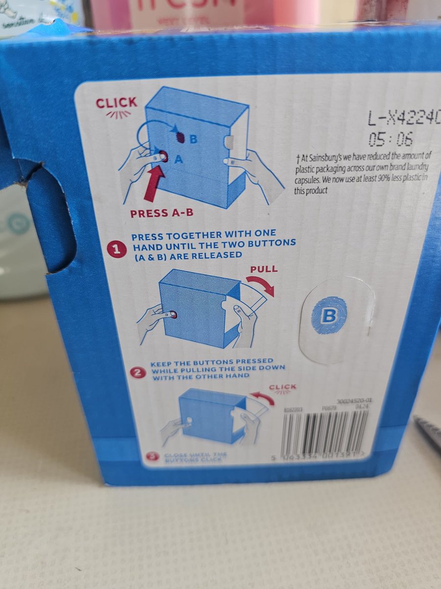 DaveUnders's tweet photo. @sainsburys My friend Mandy had great frustration trying to open your own brand laundry detergent pods today and wonder if the instructions could be improved? Please see photos and a possible improvement I’ve put together for you. https://t.co/qXcp6aeoid