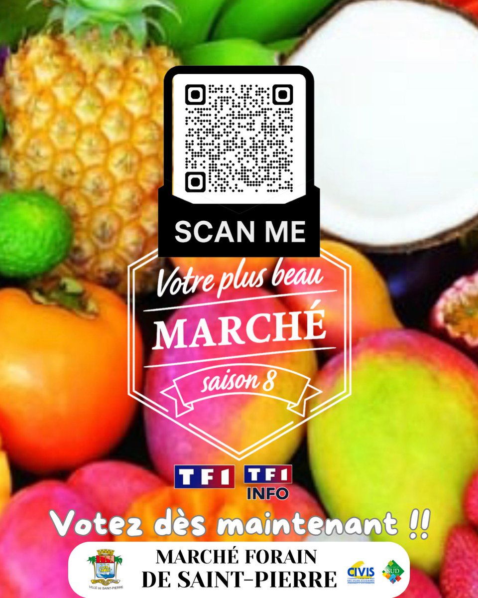 Concours : Le marché forain de SAINT-PIERRE est sélectionné pour le concours du Plus beau marché de France sur <a href="/TF1/">TF1</a> jusqu'au 29 mai bit.ly/4k8K0ss #LaReunion #tourisme
