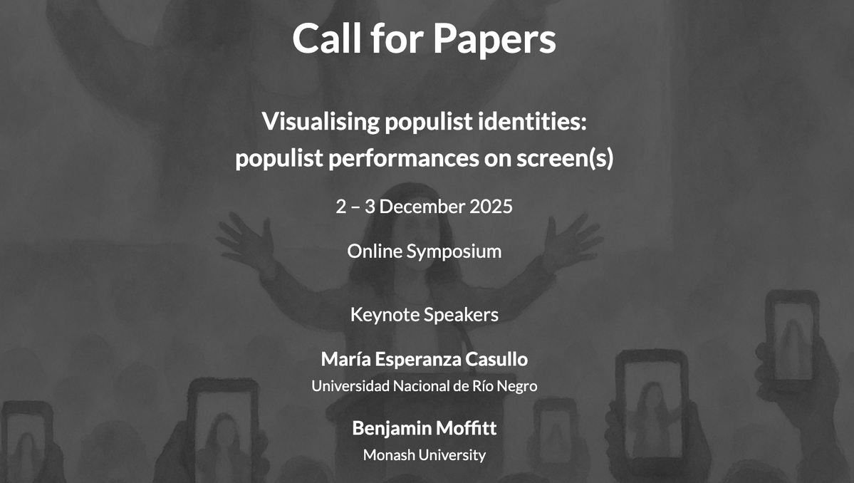 Populism Specialist Group (@populismpsa) on Twitter photo We are proud to announce the online symposium "Visualising populist identities", organised by <a href="/Waxwards/">Jessica Wax-Edwards @waxwards.bsky.social</a> and <a href="/TheoAiolfi/">Théo Aiolfi</a> on Dec 2-3, 2025, with keynotes by <a href="/mecasullo/">mecasullo</a> and <a href="/bjmoffitt/">Benjamin Moffitt | benmoffitt.bsky.social</a>.
You can read the CfP here (tinyurl.com/VisualPopulism…) and submit your abstracts by July 31. We are proud to announce the online symposium "Visualising populist identities", organised by <a href="/Waxwards/">Jessica Wax-Edwards @waxwards.bsky.social</a> and <a href="/TheoAiolfi/">Théo Aiolfi</a> on Dec 2-3, 2025, with keynotes by <a href="/mecasullo/">mecasullo</a> and <a href="/bjmoffitt/">Benjamin Moffitt | benmoffitt.bsky.social</a>.
You can read the CfP here (tinyurl.com/VisualPopulism…) and submit your abstracts by July 31.