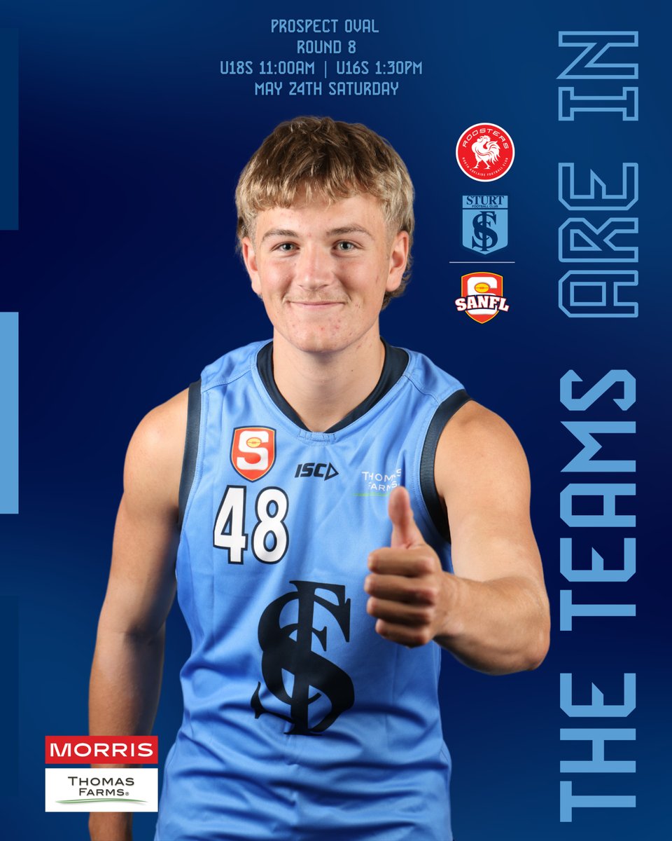 Thumbs up, teams locked in! Our juniors are ready for Round 8 at Prospect Oval! 

📅 Saturday, May 24
📍 Prospect Oval
⏰ U18s – 11:00 AM | U16s – 1:30 PM
🔗 Click here from teams: sturtfc.com.au/teams-juniors-…

The teams are in!

#doubleblues