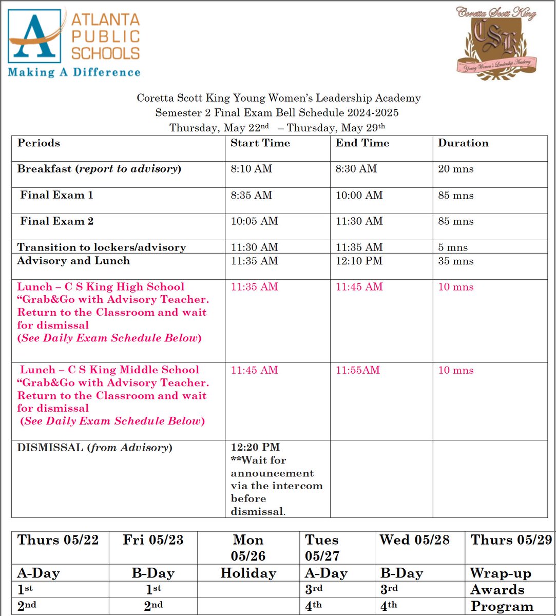 📢 CSK Final Exam Schedule is HERE! 📝
Check your dates + remember: EARLY DISMISSAL each day! 🕐
Let’s finish strong, Scholars! 💜💛
#CSKFinals #SoarWithCSK