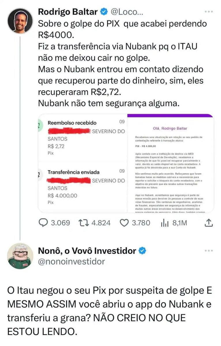 Cardoso's tweet image. Não deixem morrer a história desse idiota que foi ALERTADO PELO BANCO  que estava caindo em golpe, e trocou de banco pra pagar o golpista.