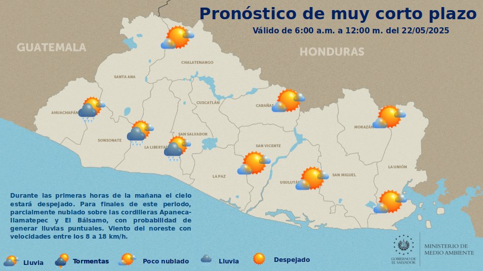 📌#ElObservatorioInforma Pronóstico de muy corto plazo. Válido de 6:00 a.m. a 12:00 m. de 22/05/2025