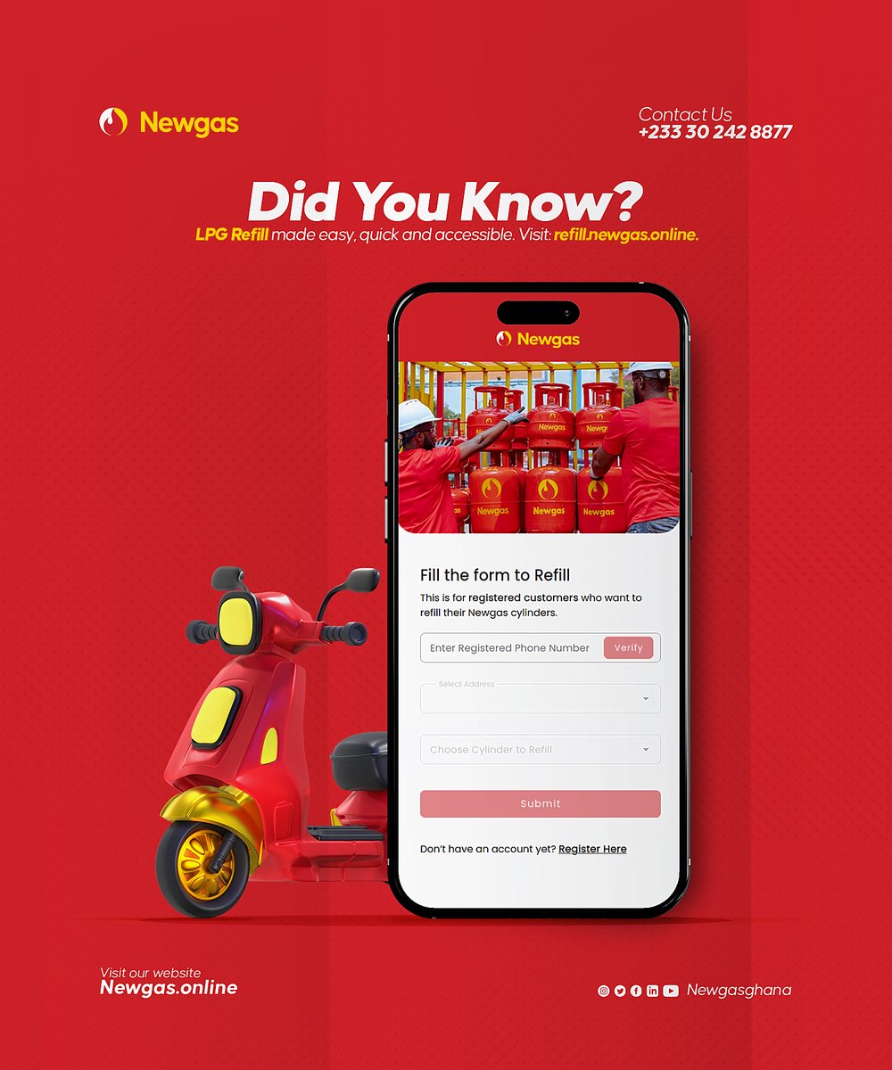 Newgasghana's tweet photo. The Newgas Quick Refill Portal brings speed and simplicity to your doorstep!
Refill your empty gas cylinder anytime, anywhere —
Fast. Easy. Reliable. Just the way you like it.
#Newgas #QuickRefill #LPGSolutions https://t.co/SaEl4QRUuP