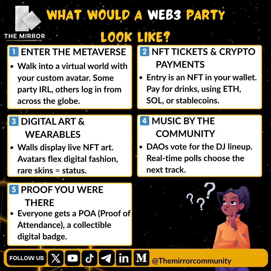 Ever wondered what a Web3 party would look like? Think NFTs at the door, DAO-curated playlists, and tokens for every dance move. Welcome to the future of fun!
#Web3Party #CryptoCulture #NFTLife #DAO #MetaverseVibes #BlockchainCommunity #Web3Lifestyle #FutureOfFun #TokenParty