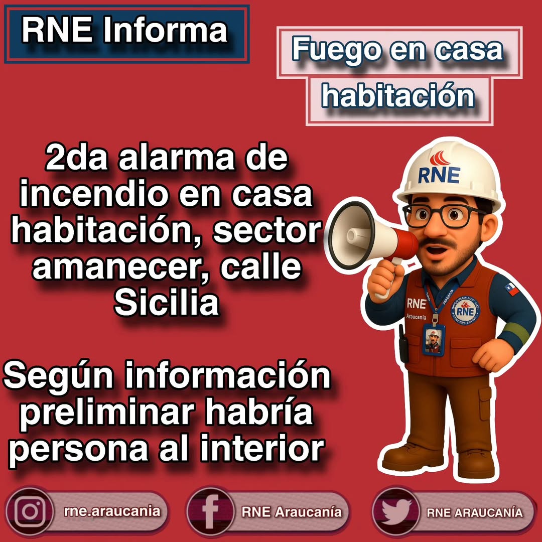 #Temuco 2da alarma de incendio en casa habilitación, sector amanecer 

#RNETeSirve
#PrepáratePiensaActúa 
#TodosSomosRNE 
#Araucanía
#RNE15Años
#RNEAraucania 
#RedDeEmergencia

"Un país informado y comunicado es un país más preparado"

🌐rnearaucania.cl 🇨🇱