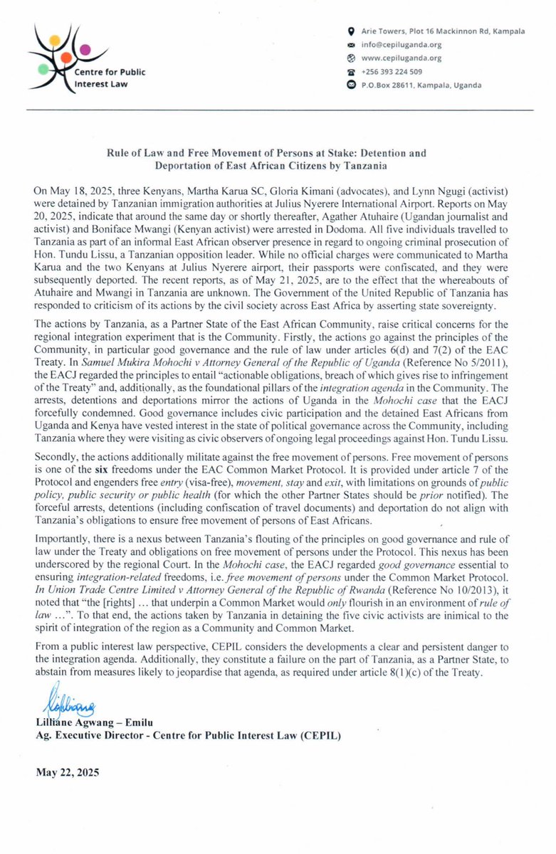 Regional Civic Space at Risk
The recent detention and deportation of East African civic actors in Tanzania raises serious concerns for EAC integration, civic freedoms, and rule of law. #EAC #RuleOfLaw @EACJ_org