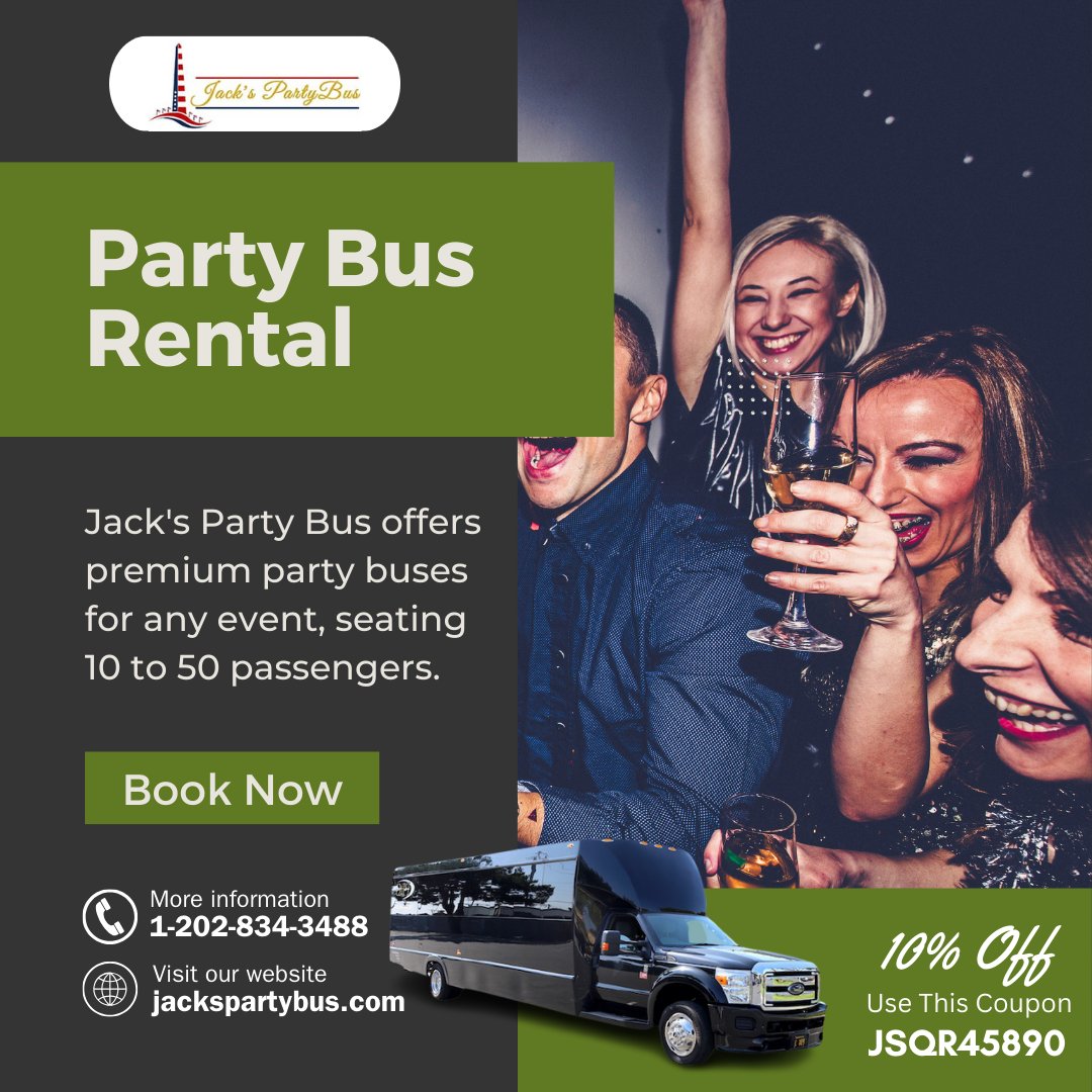 JacksPartyBus2's tweet photo. Ready to party in style? 
Book your ultimate ride with **Jackspartybus** and enjoy a **10% DISCOUNT** on all party buses! 

Just use code *JSQR45890* at checkout and let the celebration begin!

https://t.co/vqcnq5GFDk
1-202-834-3488

#Jackspartybus #PartyOnWheels #LimitedOffer https://t.co/w8uEDaZPZr