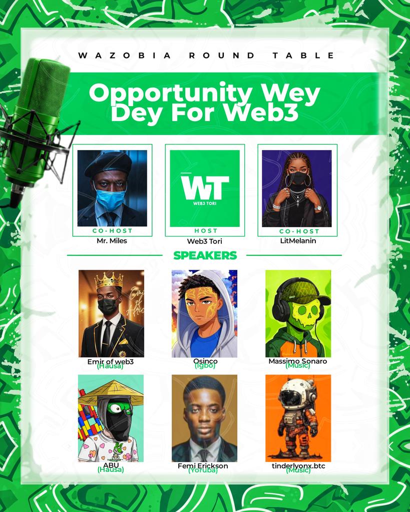 Web3Tori's tweet photo. That #WAZOBIA round table we all don dey wait for don showww...
"Opportunities Wey Dey for Web3"
From skills to side hustle, business to passive income. We go break am down tomorrow
Friday 23rd || 6PM WAT
Pull up make you no carry last!
#Web3Africa #web3inpidgin https://t.co/V9V4ah3h73