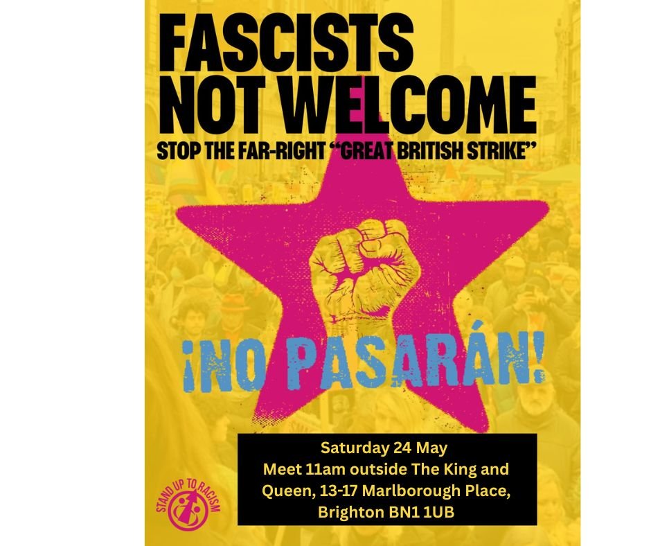 Brighton & Hove SUTR (@btonhovesutr) on Twitter photo Join us in #Brighton, 11am this Saturday, May 24th to fill it with a message of solidarity with refugees, migrants and all those targeted by far-right hatred.  
¡NO PASARÁN!  
 #stopthefarright #refugeeswelcome #standuptoracism #notoislamophobia #migrantswelcome Join us in #Brighton, 11am this Saturday, May 24th to fill it with a message of solidarity with refugees, migrants and all those targeted by far-right hatred.  
¡NO PASARÁN!  
 #stopthefarright #refugeeswelcome #standuptoracism #notoislamophobia #migrantswelcome