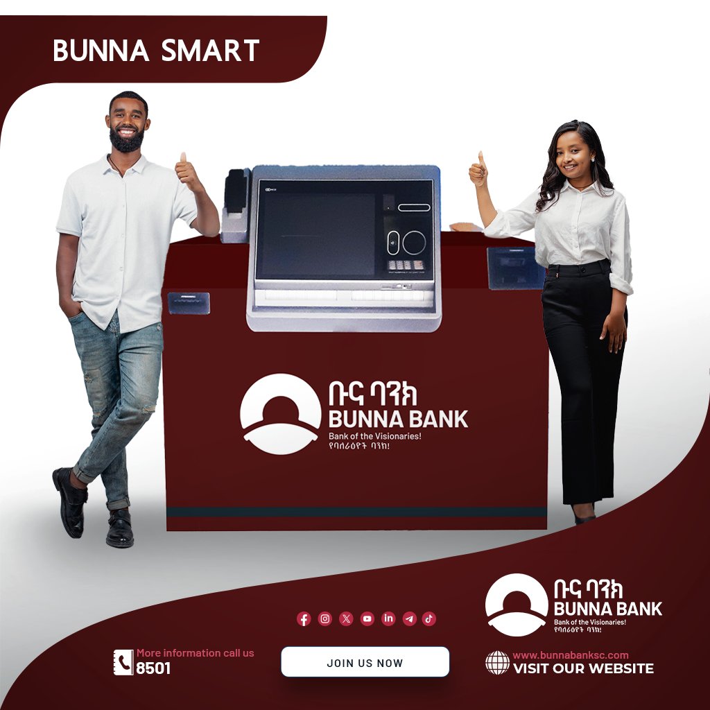 Bank smarter with Bunna’s ITM service — your 24/7 Virtual Banking Center.
💳 Enjoy safe, fast, and human-assisted transactions anytime, without waiting in line.
🌐 Experience convenience like never before — smart banking at your fingertips, wherever you are.

📞 Call 8501