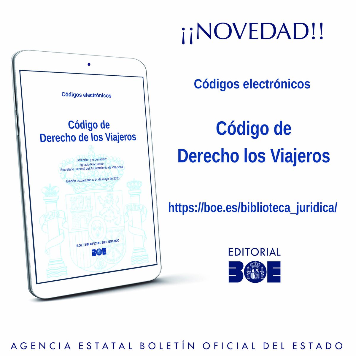 Nuevo CÓDIGO DE DERECHO DE LOS VIAJEROS. Normativa en permanente actualización. Gratis en PDF y ePUB. Disponible en la sede del BOE>Biblioteca Jurídica Digital>Códigos. #Derechosdelosviajeros #CodigosBOE