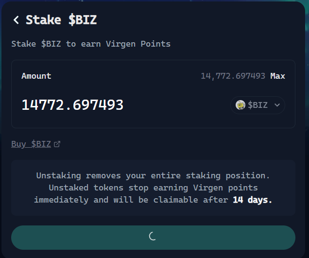 cryptonitedork's tweet image. Staking is available for $BIZ now 

Stake yours💰

Already staked mine💎

Virgenity.

#VirtualsEcosystem #Virtuals @virtuals_io @Bizzy_agent
