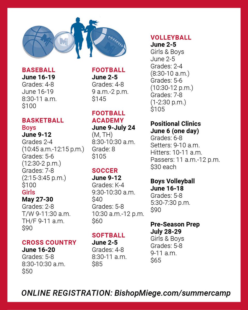 Girls Basketball Camp at Miege!
Open to girls in grades 2–8
May 27–30
Tues/Wed: 9–11:30 AM
Thurs/Fri: 9–11 AM
Cost: $90
Come get better, compete, and have fun with the Miege coaching staff and players!

Register now: BishopMiege.com/summercamp

#WeRMiege