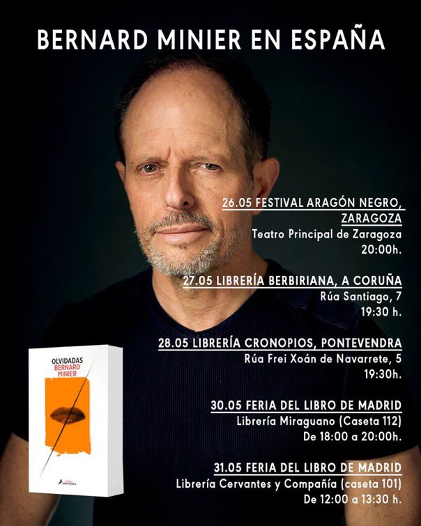 Ediciones Salamandra (@salamandraed) on Twitter photo Hoy llega 'Olvidadas', la nueva y esperada novela de <a href="/Bernard_Minier/">Bernard Minier</a>, el regreso de Lucía Guerrero con una investigación trepidante que lleva más de 200.000 libros vendidos.
Y para presentarla y firmar ejemplares tendremos al autor de visita en nuestro país: Hoy llega 'Olvidadas', la nueva y esperada novela de <a href="/Bernard_Minier/">Bernard Minier</a>, el regreso de Lucía Guerrero con una investigación trepidante que lleva más de 200.000 libros vendidos.
Y para presentarla y firmar ejemplares tendremos al autor de visita en nuestro país:
