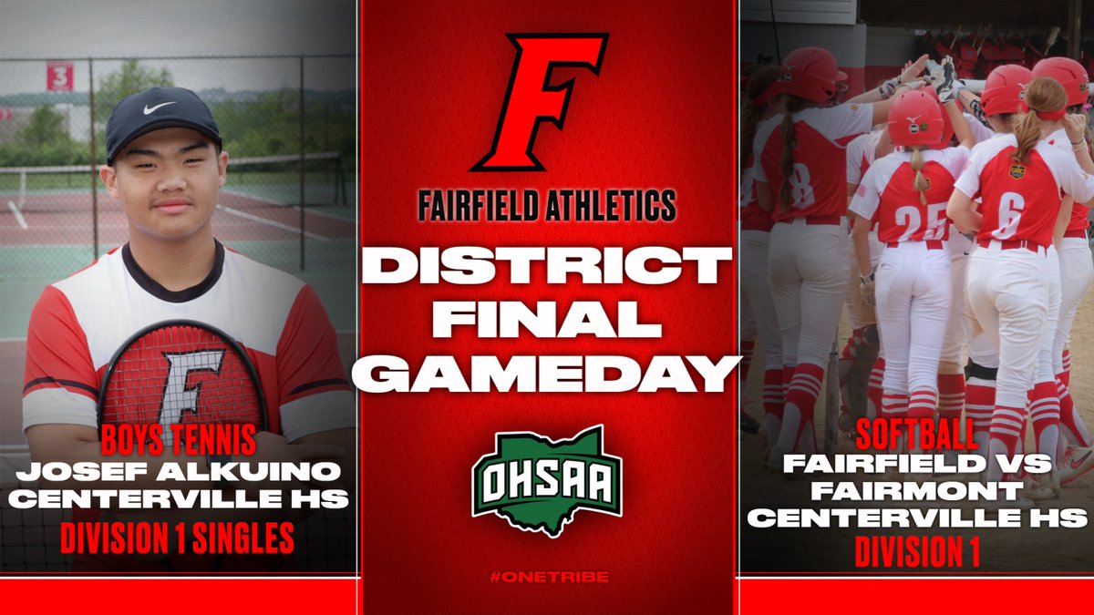 It’s a #DistrictFinals Fairfield Athletics Gameday!

Freshman Josef Alkuino begins his D1 Singles District run at Centerville, while Fairfield Softball goes for a third straight District Title vs. Fairmont tonight!

Tickets: ohsaa.org/tickets

#FairfieldPride #OneTribe