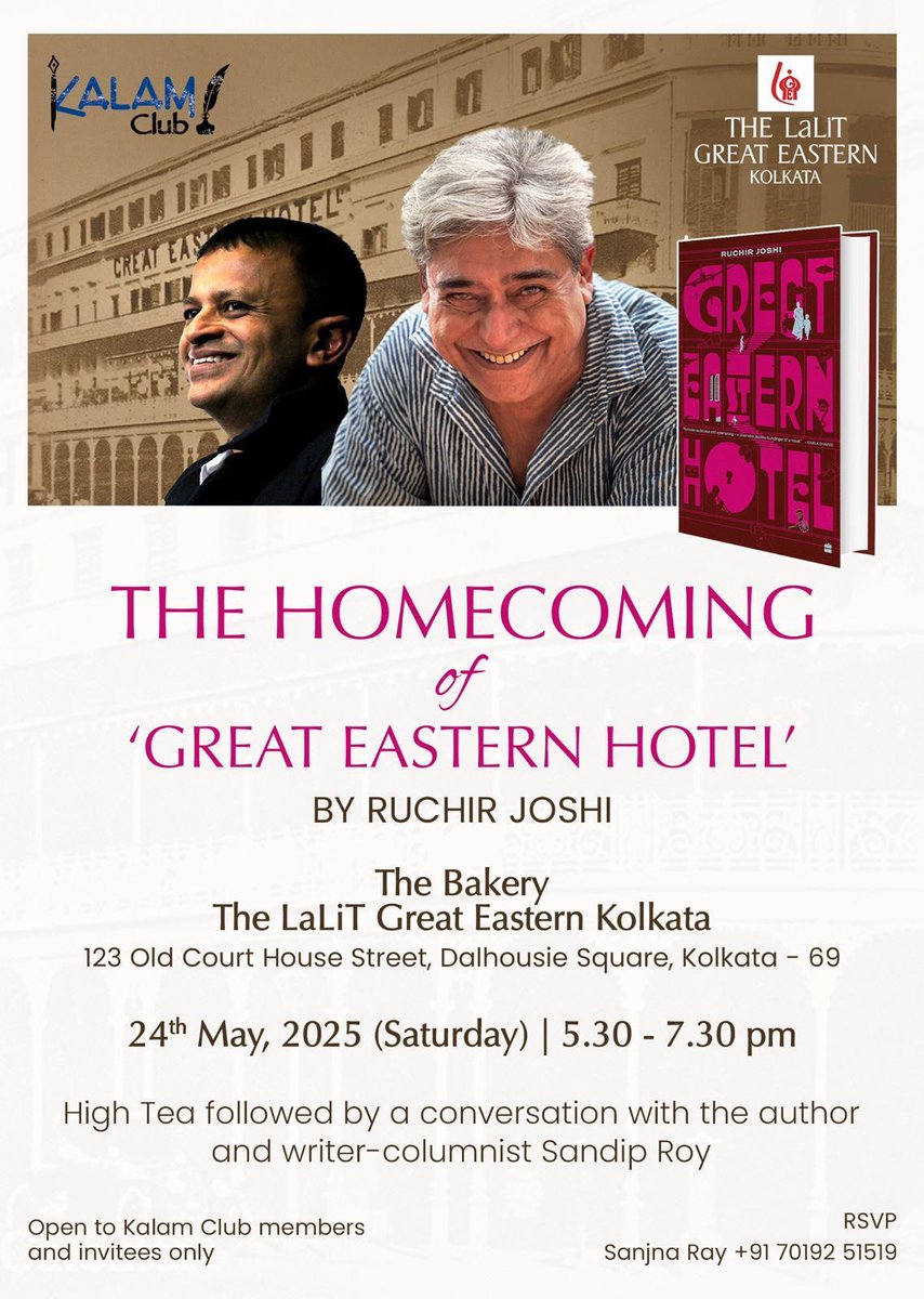HarperCollins (@harpercollinsin) on Twitter photo #Kolkata readers, join us for an engaging evening with acclaimed author #RuchirJoshi, as he discusses his latest novel, #GreatEasternHotel, on 24th May at 5:30 PM at #TheLaLitGreatEastern.
The author will be in conversation with <a href="/sandipr/">Sandip Roy</a> on memory, cities, and #Kolkata readers, join us for an engaging evening with acclaimed author #RuchirJoshi, as he discusses his latest novel, #GreatEasternHotel, on 24th May at 5:30 PM at #TheLaLitGreatEastern.
The author will be in conversation with <a href="/sandipr/">Sandip Roy</a> on memory, cities, and