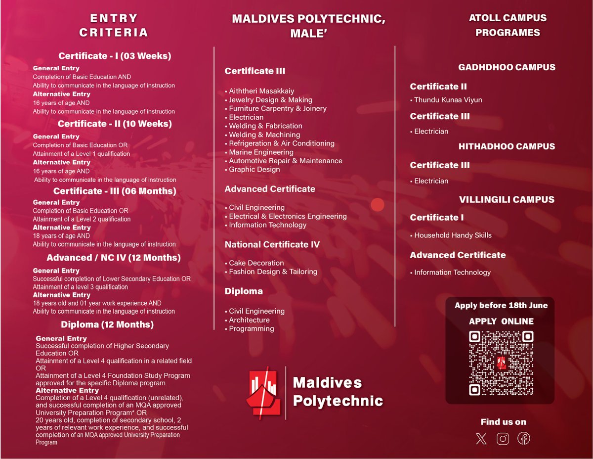 MVPolytechnic's tweet image. JULY INTAKE
Embark on a rewarding career with industry-aligned programs in Engineering, IT, and Vocational Trades. Acquire the practical skills employers seek and take the first step towards a fulfilling profession. Apply now!
To apply online:
forms.gle/FbiqoeVpGYBTSN…