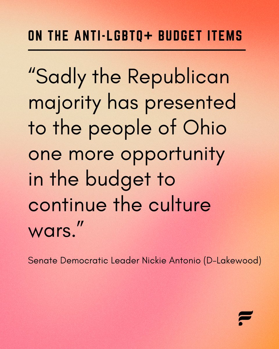 Ohio Senate Democrats move to eliminate anti-LGBTQ+ items in state budget.

‘Culture war’ language nclduesi withholding money from youth shelters, censoring LGBTQ+ library books, banning Medicaid for certain mental health services &amp; other restrictions.

thebuckeyeflame.com/2025/05/22/ohi…