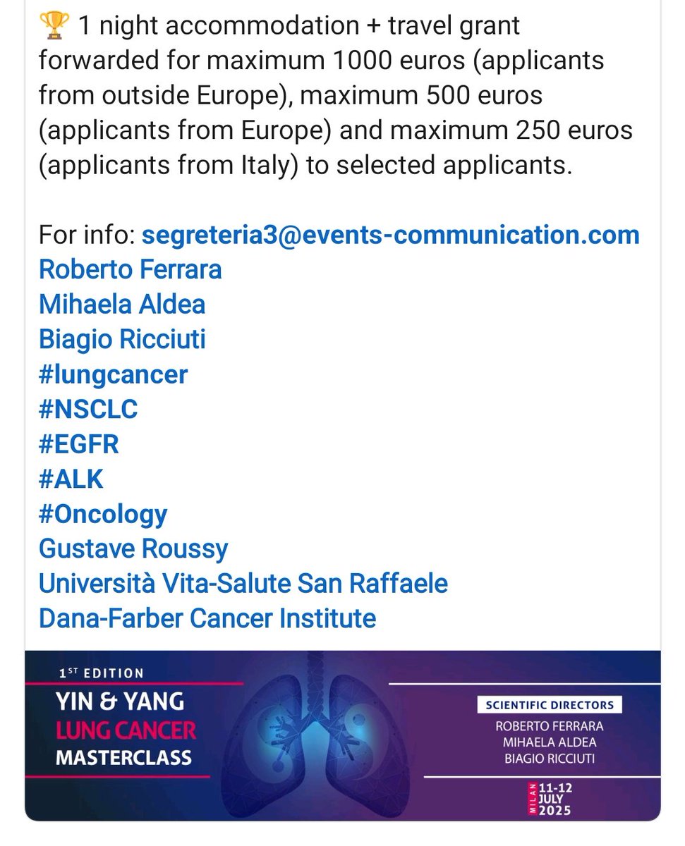 The 1st edition of an international lung academy with a stellar faculty (clinicians and methodologists).
Unmissable opportunity for early and mid-career investigators.
Here how to apply forms.gle/etUvYaarjZNV2x… 
<a href="/mihaela_aldea/">Mihaela Aldea</a> <a href="/BiagioRicciutMD/">Biagio Ricciuti, MD PhD</a>
<a href="/MyUniSR/">Università Vita-Salute San Raffaele</a> <a href="/GustaveRoussy/">Gustave Roussy</a> <a href="/DanaFarber/">Dana-Farber</a>