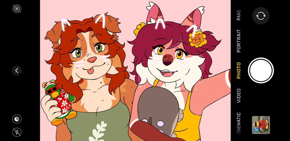 Drawing of my sona with <a href="/fungicats/">fungicat 🍄</a> !! Now that I’m out of school for the summer I can actually draw