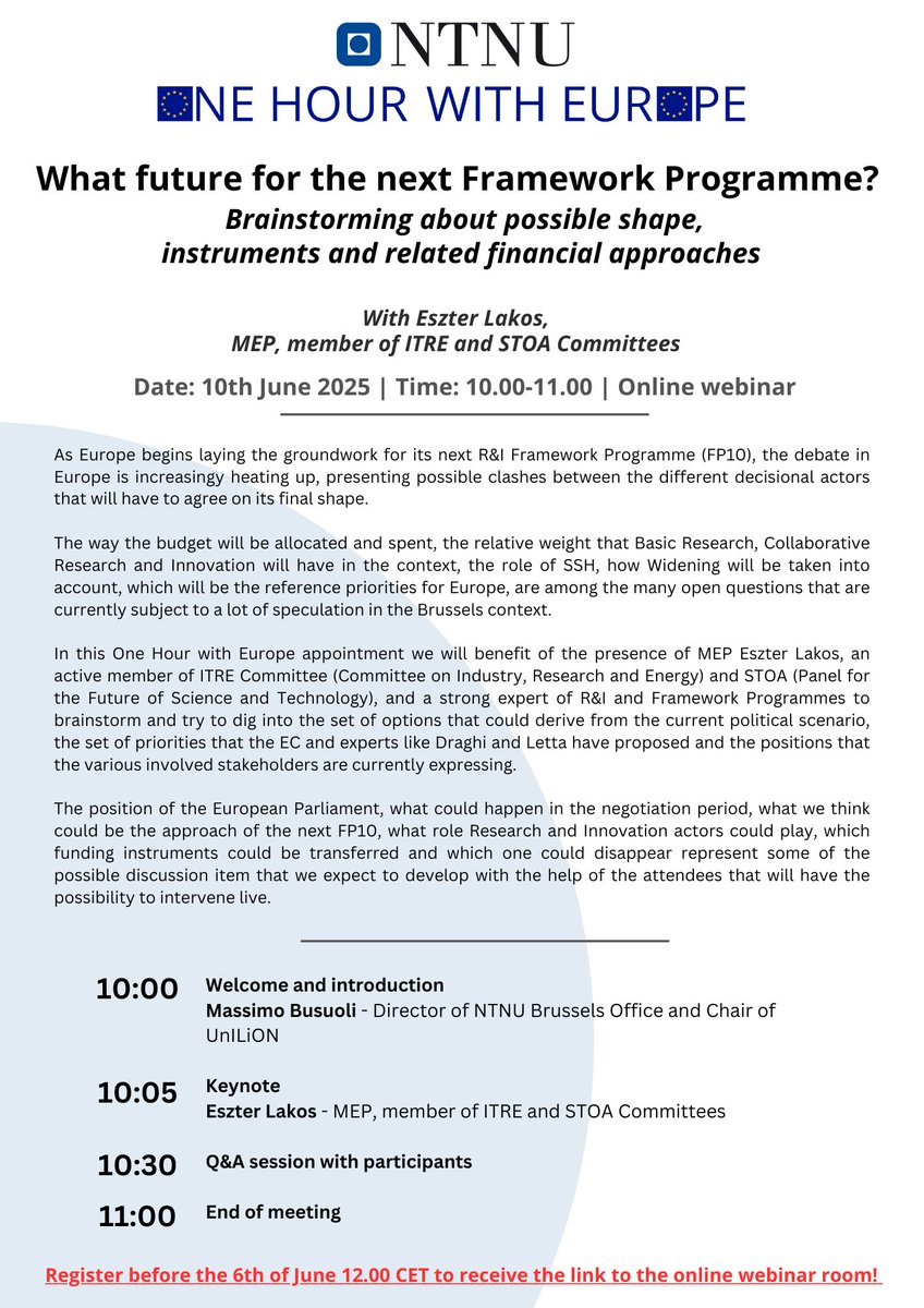 🔍 One Hour with Europe–10 June, 10:00 CET!
MEP Eszter Lakos explores FP10 debates—budget shifts, research priorities &amp; future EU funding.
Following our ERA-focused session, we now dive into what’s next for Europe’s research strategy.
Register here: 🔗 forms.gle/jhD7Lux478yfGh…