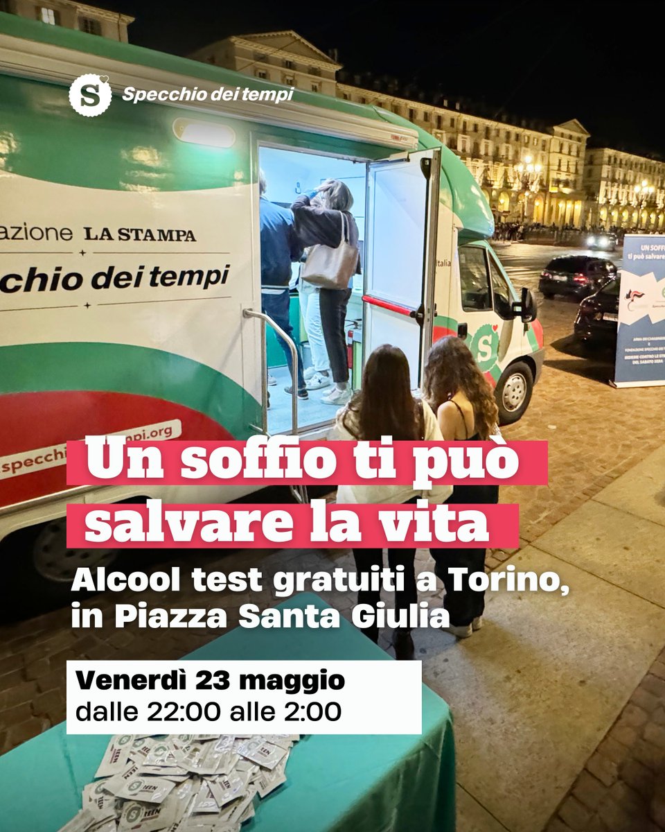 📍 Torino, Piazza Santa Giulia – Venerdì 23 maggio, dalle 22:00 alle 2:00
"Un soffio ti può salvare la vita" è il progetto promosso da Specchio dei tempi insieme ai Carabinieri del Comando Provinciale di Torino, per prevenire gli incidenti legati alla guida in stato di ebbrezza.