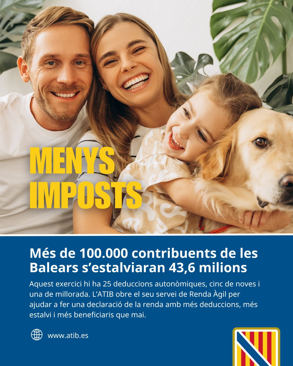📢 Més de 100.000 contribuents s’estalviaran 43,6 milions d’euros en la present declaració de la renda. 

📆 Dilluns que ve s'obre el període de sol·licituds de cita del servei de Renda Àgil.

👉🏻 Totes les noves deduccions: tn.caib.es/RendaAgil2024