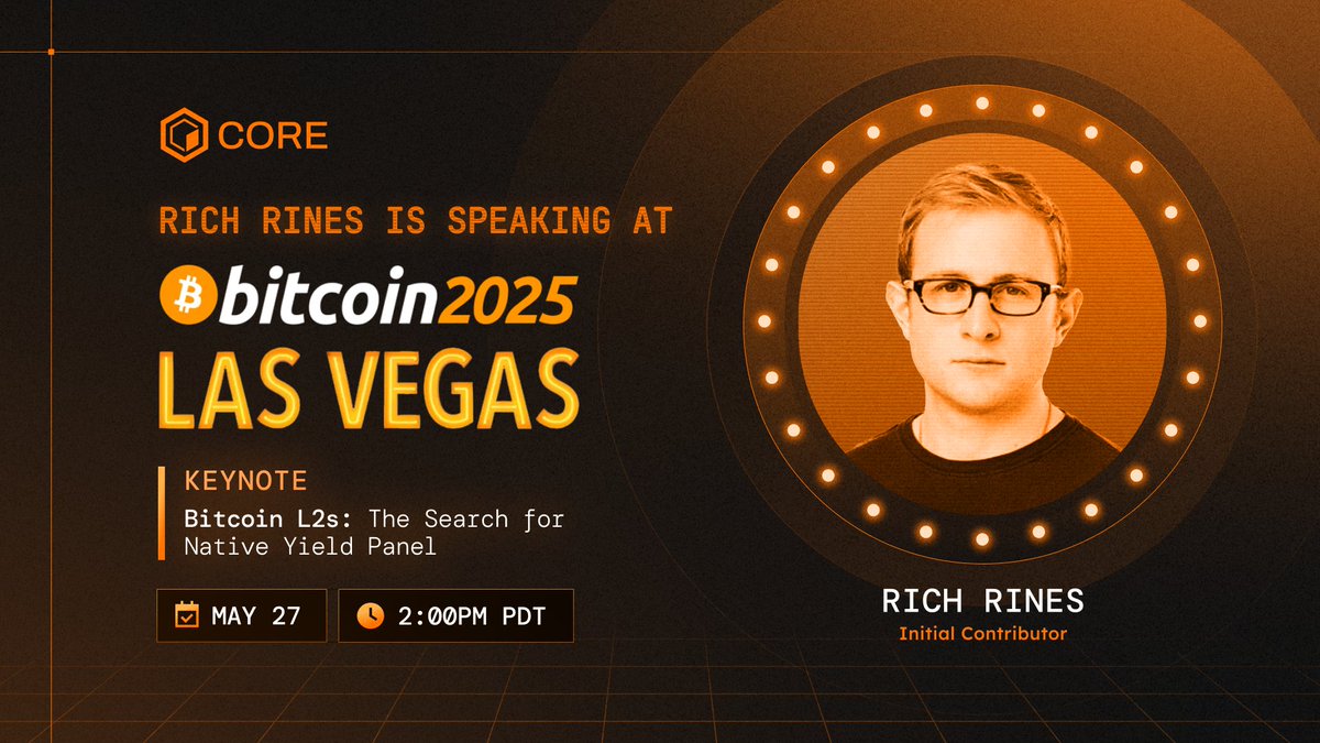 Core DAO ๐ถ (@coredao_org) on Twitter photo Core contributor <a href="/richrines/">richrines.core ๐ถ</a> will be speaking at Bitcoin 2025 in Las Vegas! ๐ถ
Bitcoin yield is the next frontier, and this panel will cover it all.
๐๏ธ Bitcoin L2s: The Search for Native Yield panel
๐๏ธ May 27
โฐ 2:00 PM PDT Core contributor <a href="/richrines/">richrines.core ๐ถ</a> will be speaking at Bitcoin 2025 in Las Vegas! ๐ถ
Bitcoin yield is the next frontier, and this panel will cover it all.
๐๏ธ Bitcoin L2s: The Search for Native Yield panel
๐๏ธ May 27
โฐ 2:00 PM PDT