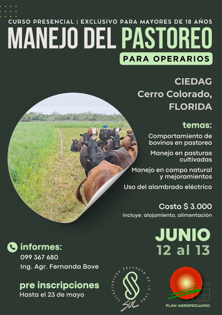Plan Agropecuario (@planagro) on Twitter photo 📢 ¡Últimos cupos!
Curso presencial "Manejo del pastoreo"
📌CIEDAG
🗓️12 al 13 de junio
✍️forms.office.com/r/BC4jLbPACi?o…
¡Te esperamos!
#Capacitación #Ganadería @SUL_UY <a href="/bovemariafer/">Maria Fernanda Bove Itzaina</a> #PlanAgro 📢 ¡Últimos cupos!
Curso presencial "Manejo del pastoreo"
📌CIEDAG
🗓️12 al 13 de junio
✍️forms.office.com/r/BC4jLbPACi?o…
¡Te esperamos!
#Capacitación #Ganadería @SUL_UY <a href="/bovemariafer/">Maria Fernanda Bove Itzaina</a> #PlanAgro