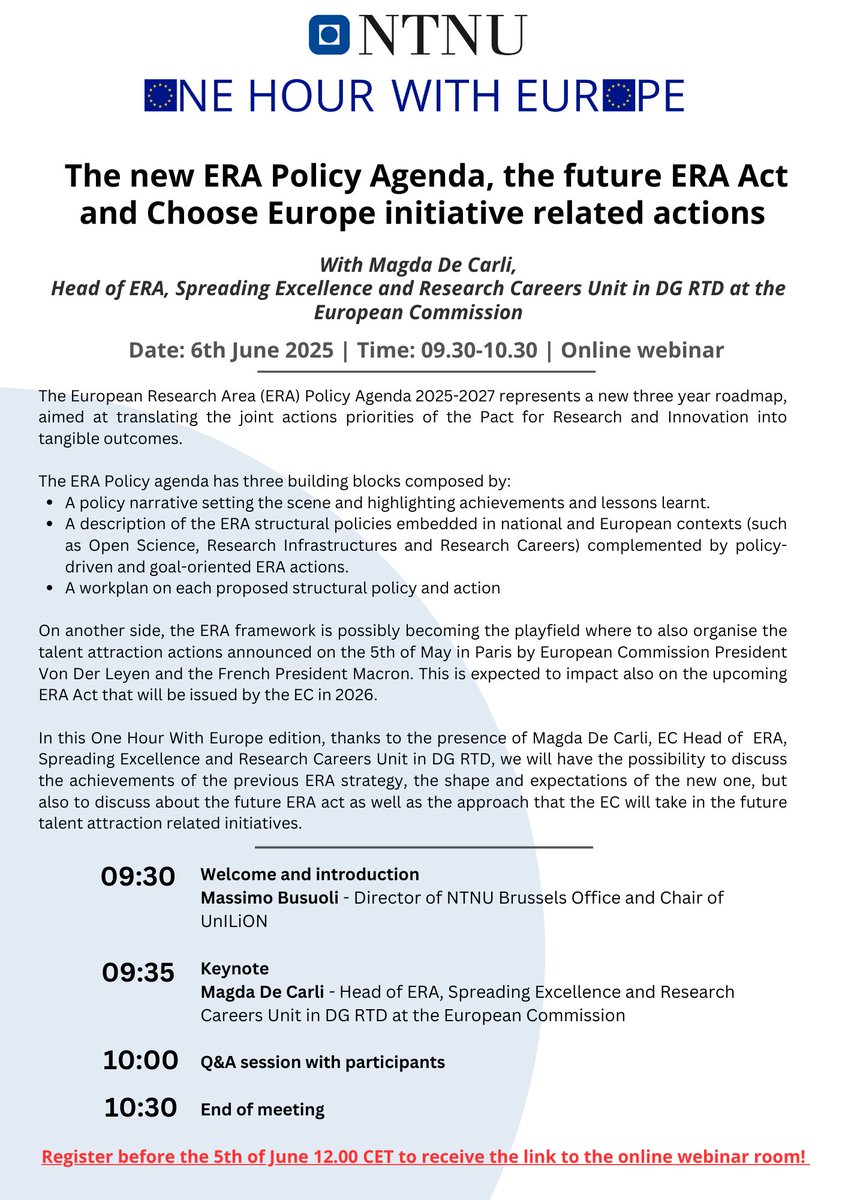 🚀 One Hour with Europe – 6 June, 09:30 CET!
Magda De Carli (EC) presents the new ERA Policy Agenda, the ERA Act, and insights into Choose Europe actions.
Kickstarting the big discussion ahead of our FP10 session on 10 June!
Register here: 🔗 forms.gle/YGKktGHnb2K6hw…
 #ERA