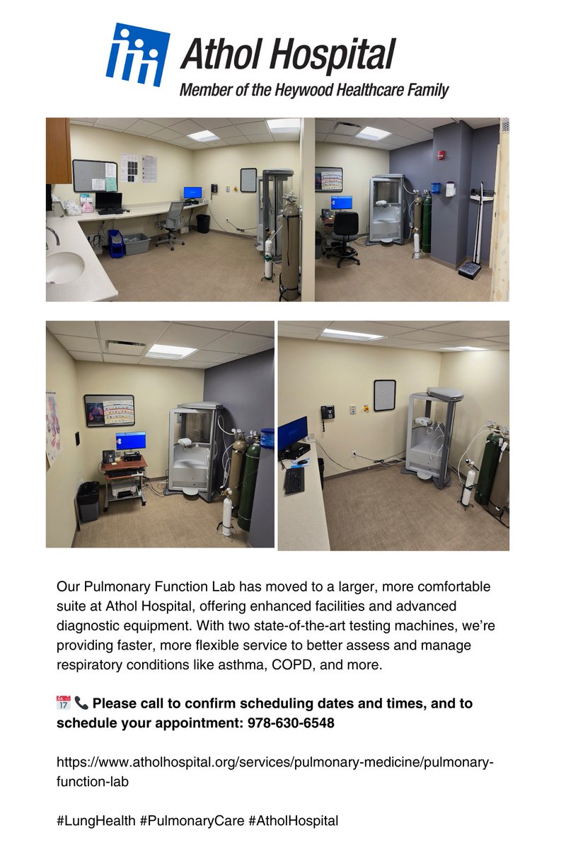 Our Pulmonary Function Lab is now located in a larger suite at Athol Hospital! With advanced equipment, we offer faster service for asthma and COPD. 📅 📞 Call to schedule: 978-630-6548 atholhospital.org/services/pulmo… #LungHealth #PulmonaryCare #AtholHospital