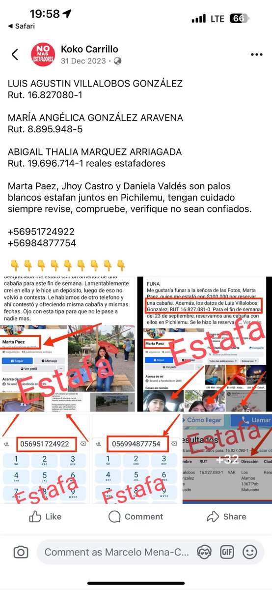 Ayudar a difundir . Está señora estafó a unas compañeras de curso de mi hija. Igual la voy a perseguir judicialmente. Porque no es muy inteligente en su modus operandi. Ayúdenme a hacerla famosa. Ofrece cabañas en Pichilemu. Recibe depósito y bloquea. 
Gonzalez Aravena Maria