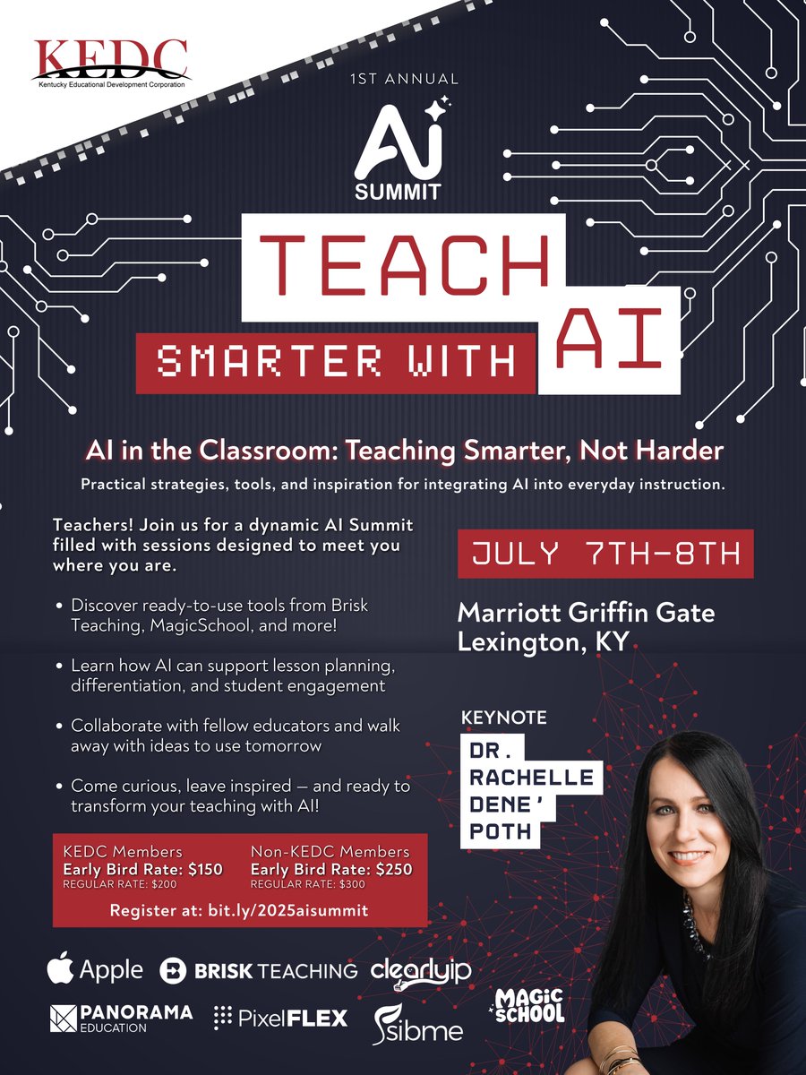 📣 Calling all educators! Ready to TEACH SMARTER with AI? 🚀

Join us for KEDC's 1st Annual AI Summit 💡
🗓 July 7–8

💲 KEDC Members Early Bird: $150 | Non-Members Early Bird: $250
👉 Register now: bit.ly/2025aisummit
