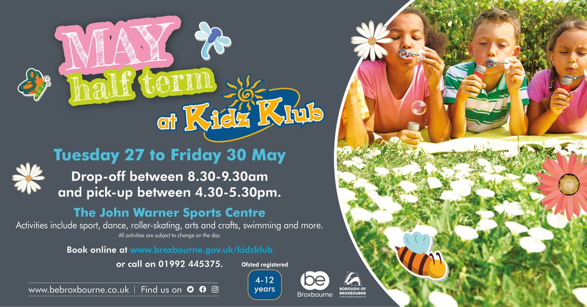 Kidz Klub is back for the May half term 🌻🦋

Arts and crafts, sports, and lots more to keep the children amused! ⚽🖌️🏀

🗓️ Tuesday 27 to Friday 30 May
📍 John Warner Sports Centre, Hoddesdon

Learn more and book your place here: ow.ly/gPip50RGIXN