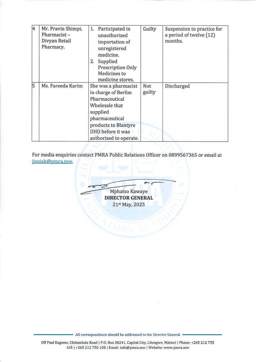 pmra_malawi's tweet photo. #PMRA hereby publishes recent regulatory enforcement action taken against pharmacy personnel alleged to have violated pharmacy laws, regulations, and pharmacy code of ethics.
#DisciplinaryAction
#PMRAMalawi
#QualityMedicinesForMalawi https://t.co/HoKSYw6zgP